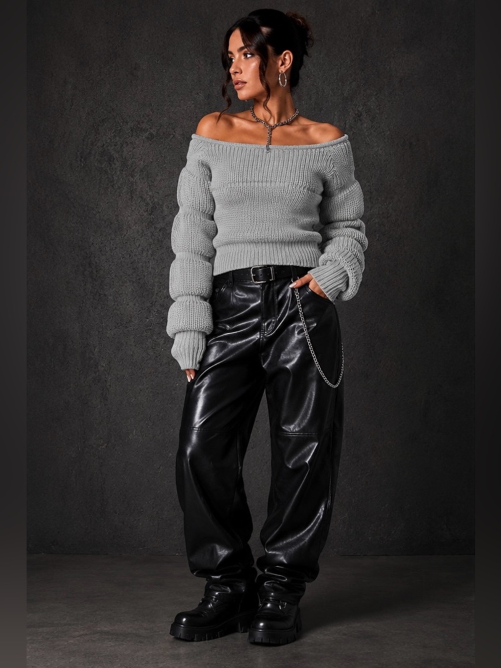 Off-Shoulder Ribbed Knit Sweater in Gray